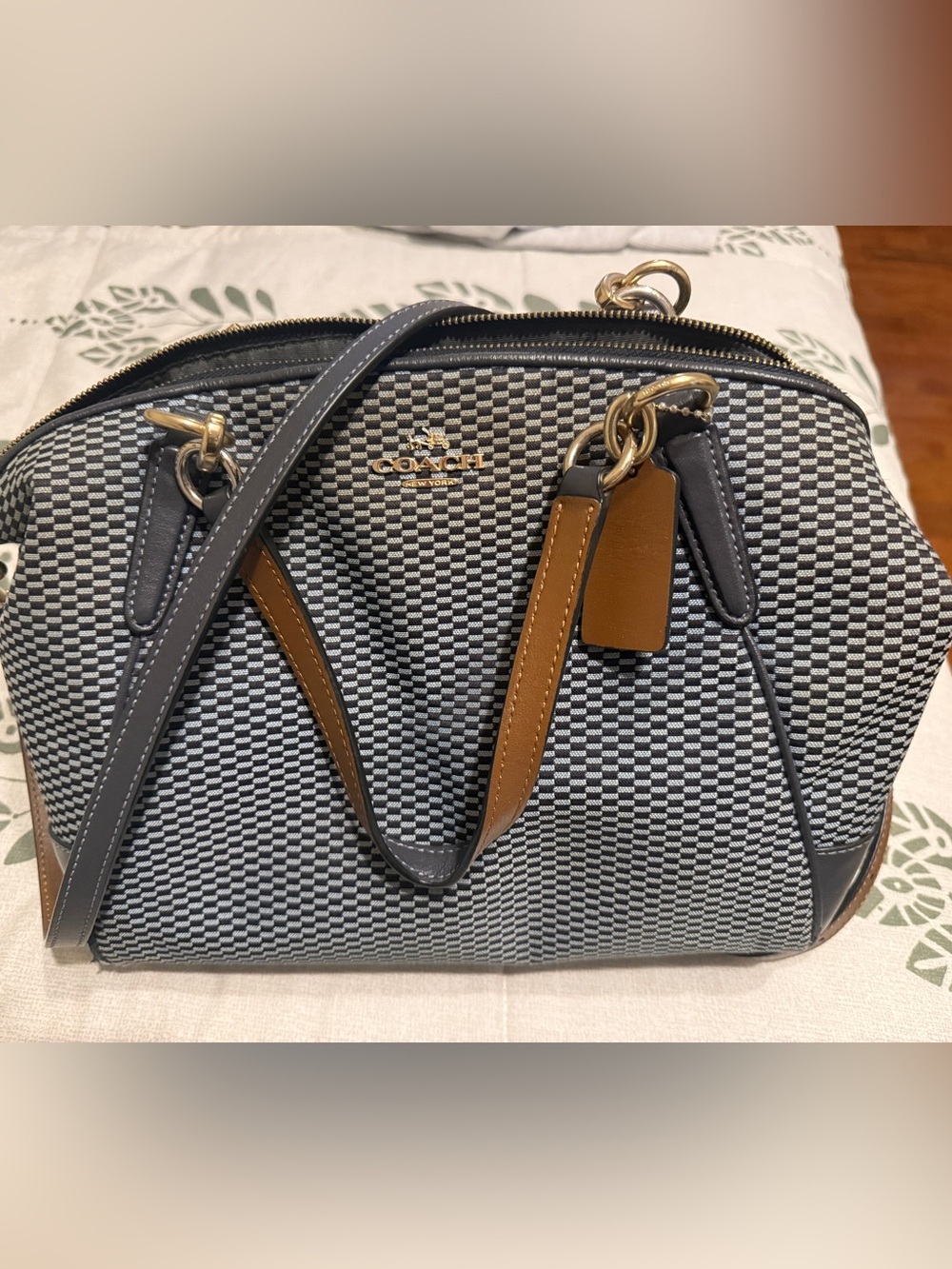 Coach Checker Satchel in Navy, Gray and Tan Trim